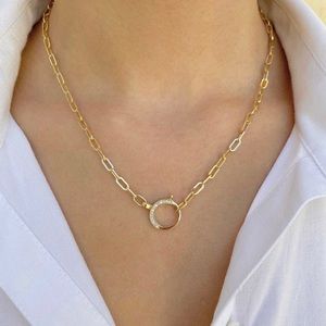 14k solid gold paperclip Diamond circle link loop chain necklace